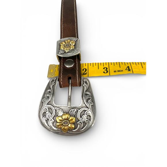 Vintage 90\'s Brown Belt XL Western mixed metal boho cowgirl daisies artisan